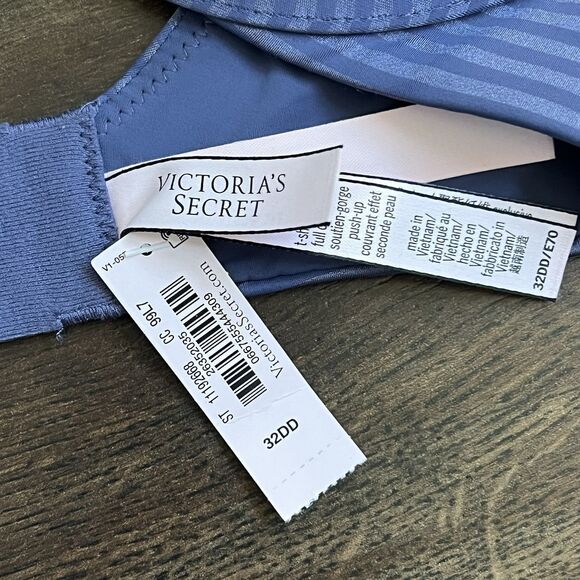 Victoria’s Secret NWT T-Shirt Push-up Bra Size 32DD Periwinkle Striped Full Cove - Picture 4 of 10